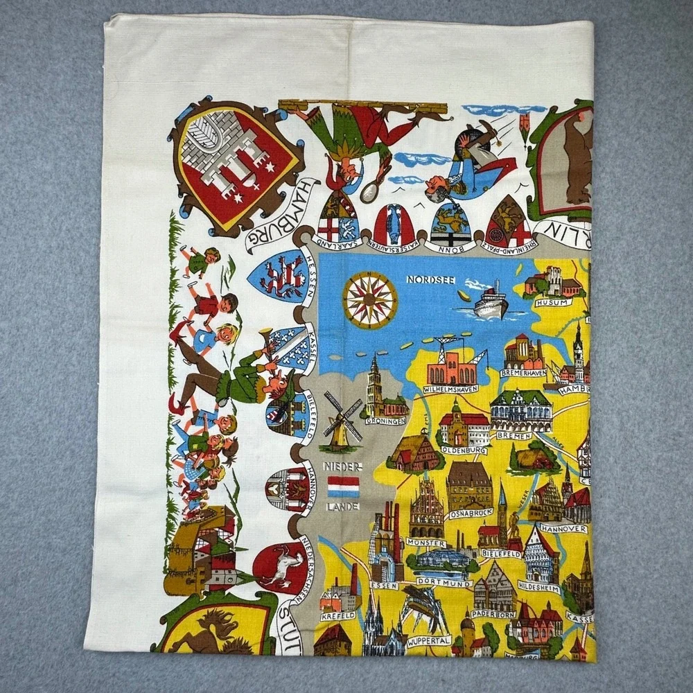 Vtg 50s Germany Souvenir Map Tea Towel Illustrated Cities Coats of Arms‎ 62
